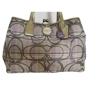 Coach Signature Lavender Tartan Plaid Framed Kiss Lock Carryall Bag F17213 Purse